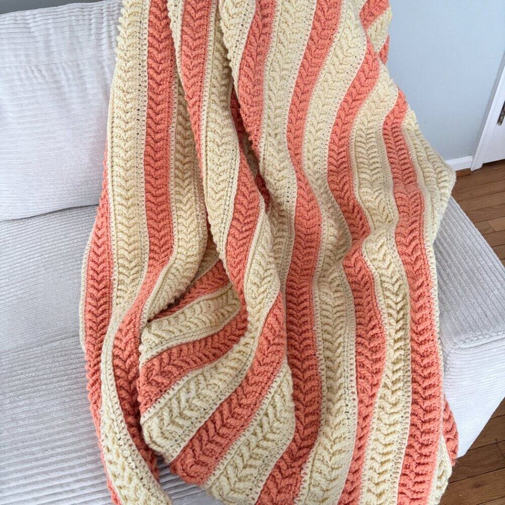 VTG HANDMADE Chevron Knit Striped Afghan Throw Blanket Orange Cremesicle